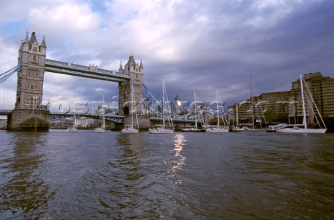 The 2005 Oyster yacht fleet on the Thames in London in front of the landmark Tower Bridge
