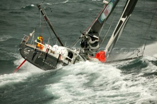 Vendee Globe Open 60 yacht Hugo Boss skippered by Alex Thomson powering through rough seas in strong winds