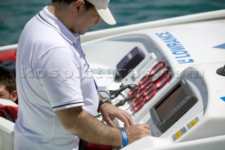 P1 Malta 2005. Instruments, wheel and controls onboard a racing powerboat