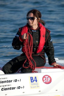 P1 Malta 2005. Girl on powerboat with lifejacket and mooring line