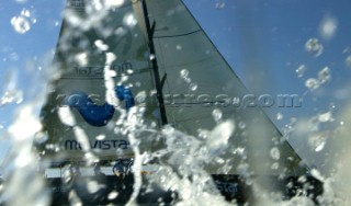 Volvo Ocean Race 2005-2006. Spray surrounding Telefonica Movistar - Volvo 70 Canting ballast swing keel