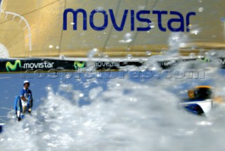 Volvo Ocean Race 2005-2006. Spray surrounding Telefonica Movistar - Volvo 70 Canting ballast swing keel