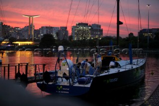 Volvo Ocean Race 2005-2006. Movistar - Volvo 70 Canting ballast swing keel moored in the sunset in Rio