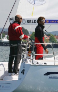Langenargen-Germany-8 May 2005. Swedish Match Tour-Match Race Germany 2005. German Match Race skipper Jasper Bank with tactician Markus Wieser. Photo:Guido Cantini/