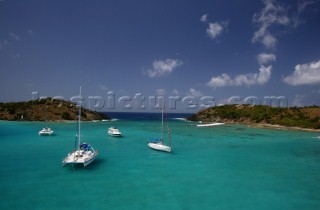 Jost Van Dyke Island - British Virgin Islands - . Green Cay and Little Jost Van Dyke with boats -. Cruise