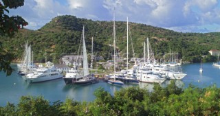 View of superyachts moored in harbour, Antigua