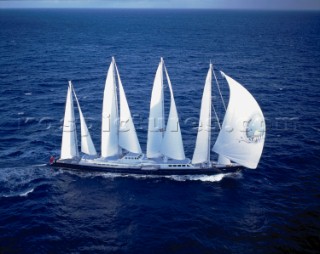 Aerial view of luxury megayacht Phocea under full sail