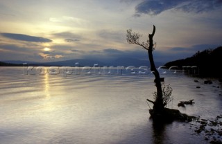 Still water of Loch Lomond at sunset