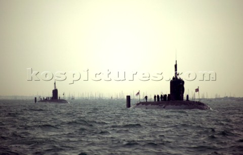 Two submarines anchored in the Solent at the Trafalgar 200 warship and fleet review celebrations 200