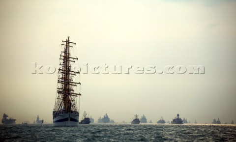 Tall ship sail trainer anchored in the Solent at the Trafalgar 200 warship and fleet review celebrat