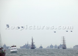 Navy helicopters flying over the fleet at Trafalgar 200 celebrations 2005