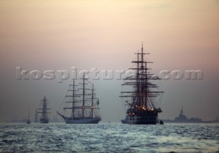 Tall ships anchored at the Trafalgar 200 warship and fleet review celebrations 2005