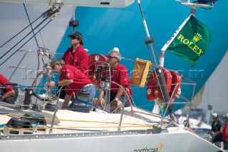 Simon Le Bon of Duran Duran sails his maxi yacht Arnold Clark Drum across the startline of the Fastnet Race 2005 having reunited his original crew 20 years after the yacht capsized when its keel fell off in the Fastnet Race of 1985