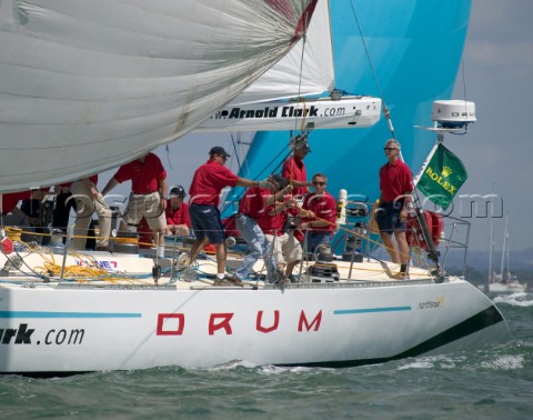 Simon Le Bon of Duran Duran sails his maxi yacht Arnold Clark Drum across the startline of the Fastn