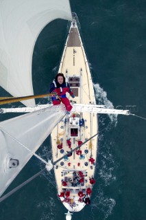 Simon Le Bon climbing the mast of Arnold Clarke Drum before the start of the Rolex Fastnet Race 2005