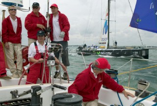 Simon Le Bon of Duran Duran sails his maxi yacht Arnold Clark Drum across the startline of the Fastnet Race 2005 having reunited his original crew 20 years after the yacht capsized when its keel fell off in the Fastnet Race of 1985