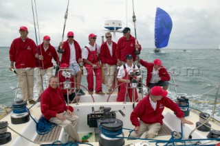 Simon Le Bon of Duran Duran and his crew sail the maxi yacht Arnold Clark Drum across the startline of the Fastnet Race 2005 having reunited  20 years after the yacht capsized when its keel fell off in the Fastnet Race of 1985