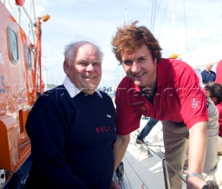 Rockstar Simon Le Bon of Duran Duran and RNLI volunteer Vivian Percival who rescued Simon and his crew when his maxi yacht, Drum, capsized 20 years ago during the l985 Fastnet Race.