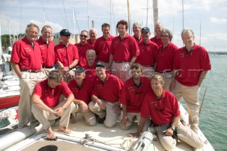 Simon Le Bon of Duran Duran and his crew onboard the maxi yacht Arnold Clark Drum before the start of the Fastnet Race 2005.  The crew are reunited 20 years after the yacht capsized when its keel fell off in the Fastnet Race of 1985