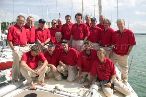 Simon Le Bon of Duran Duran and his crew onboard the maxi yacht Arnold Clark Drum before the start o
