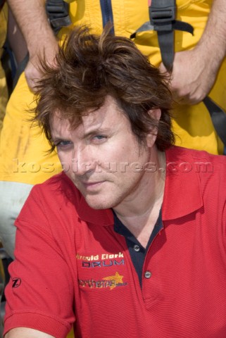 Duran Duran star Simon Le Bon on maxi yacht Arnold Clark Drum before the start of the 2005 Fastnet R