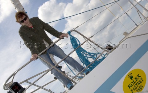 Duran Duran star Simon Le Bon on the dock by maxi yacht Arnold Clark Drum before the start of the 20