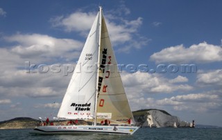 Maxi yacht Anorld Clarke Drum off the chalk cliffs of southern england