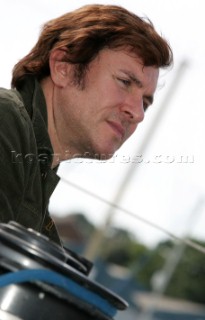 Duran Duran star Simon Le Bon on the maxi yacht Arnold Clark Drum before the start of the 2005 Fastnet Race