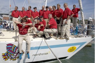 Maxi yacht Arnold Clark Drum before the start of the Fastnet Race 2005, 20 years after the yachts fateful capsize in the same race. Celebrity rockstar Simon Le Bon is sailing with the original crew.