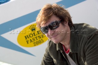 Duran Duran star Simon Le Bon on the dock by maxi yacht Arnold Clark Drum before the start of the 2005 Fastnet Race