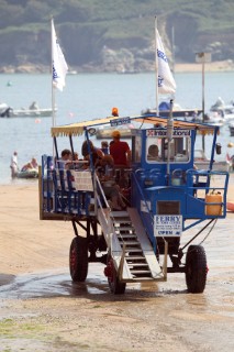 The motorised landing stage at Salcombe sponsored by International Paints which allows passengers to transfer to the ferry from the sandy beach at all states of the tide