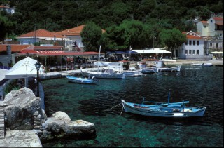 Fishing boats moored in Frikes Harbour, Ithaca, Greek islands