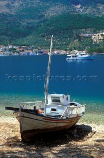 Wooden fishing boat on beach, Vathy, Ithaca, Ionian Islands