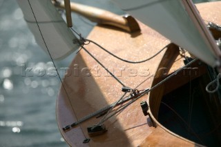 Deck detail of classic wooden yacht