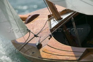 Deck detail of classic wooden sailing boat