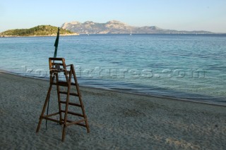 Lifeguards chair on sandy beach, Formentor, Mallorca