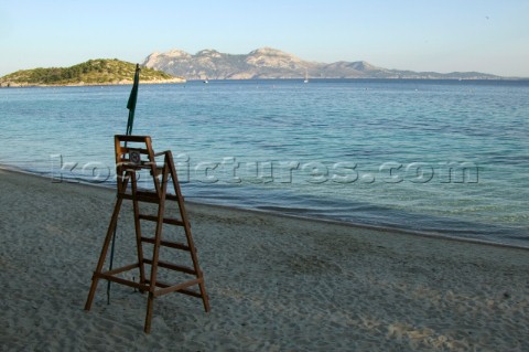 Lifeguards chair on sandy beach Formentor Mallorca