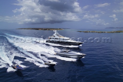 Superyacht Helios with powerboats jet skis and toys