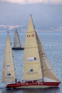 Rolex Middle Sea Race 2005. STEINLAGER II and ATALANTA II sail through the Messina Straits