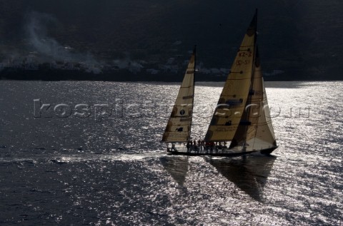 Steinlager II sails passed Stromboli Island during the Rolex Middle Sea Race 2005