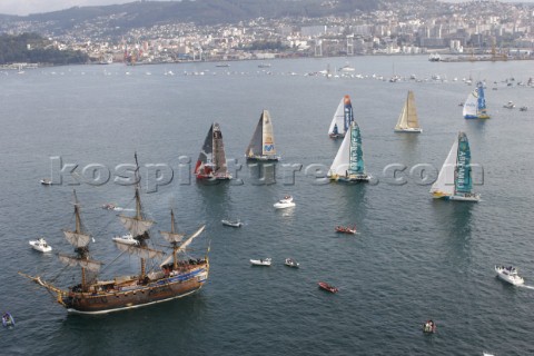 The Volvo Ocean Race fleet head head out to sea at the start of leg one from Vigo in Spain 