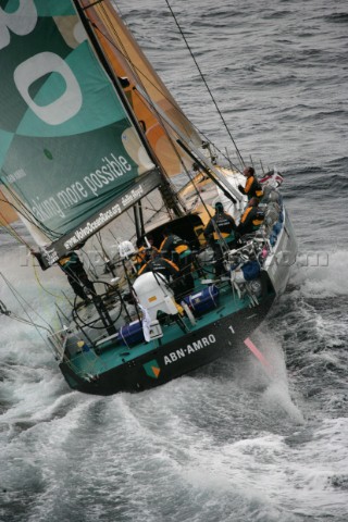 The Volvo Ocean Race fleet head head out to sea at the start of leg one from Vigo Spain ABN  AMRO ON