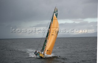 The Volvo Ocean Race fleet head head out to sea at the start of leg one from Vigo, Spain. ABN  AMRO ONE
