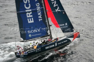 The Volvo Ocean Race fleet head head out to sea at the start of leg one from Vigo, Spain.  ERICSSON