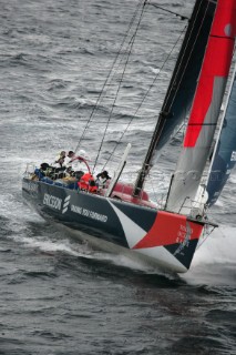 The Volvo Ocean Race fleet head head out to sea at the start of leg one from Vigo, Spain. ERICSSON