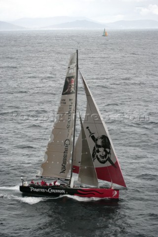 The Volvo Ocean Race fleet head head out to sea at the start of leg one from Vigo Spain  PIRATES OF 