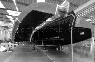 Black and white images of molds and workmanship and construction during superyacht building