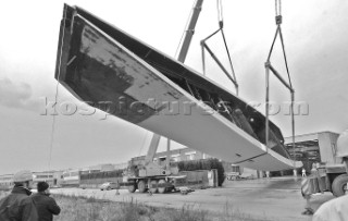 Black and white images of molds and workmanship and construction during superyacht building