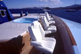 Observation sun deck and chairs. Flavio  Briatore Managing Director of Renault F1 Team France in Viry-Châtillon, on board of his yacht Force Blue. SALES ONLY FOR UK