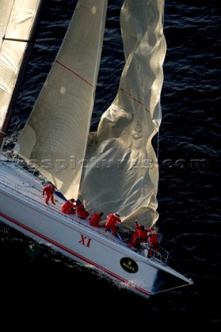 Wild Oats XI sailing across the finish line in Hobart Australia Dec 28 2005 86 yachts of all sizes b